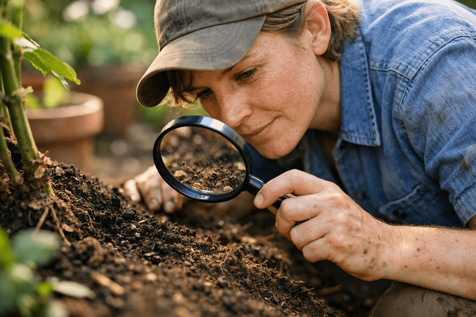 Person examining soil with magnifying glass to observe ant colony behavior in garden