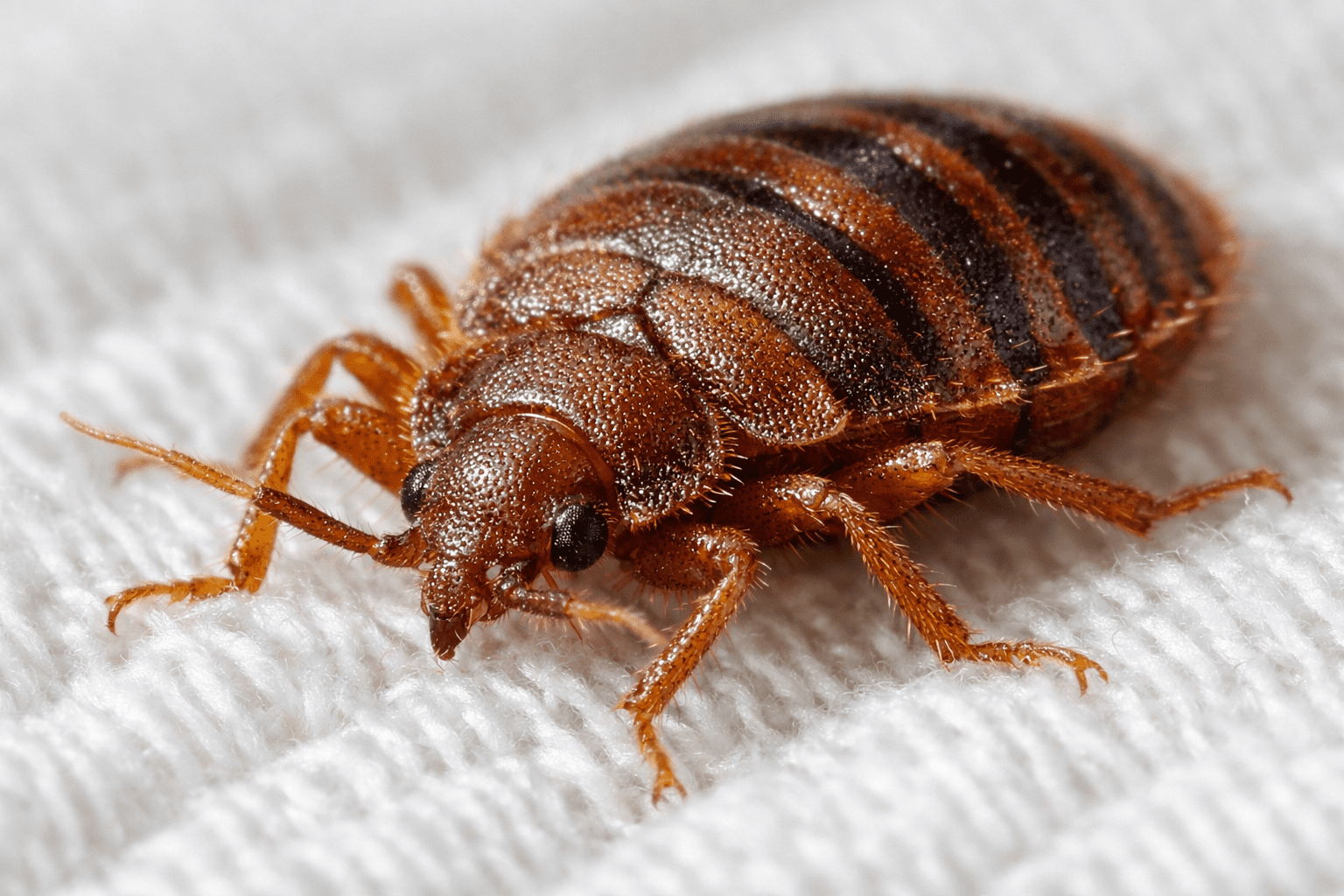 Detailed macro photo of bed bug on fabric showing body structure and coloring
