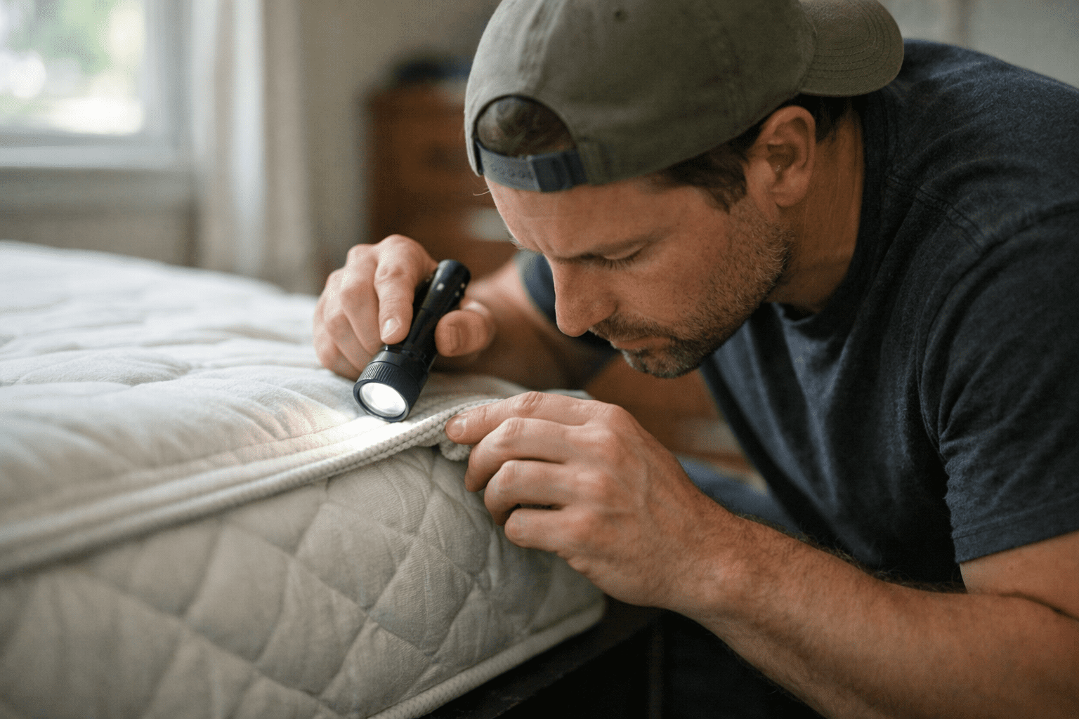Person inspecting mattress seams with flashlight to check for bed bug infestation