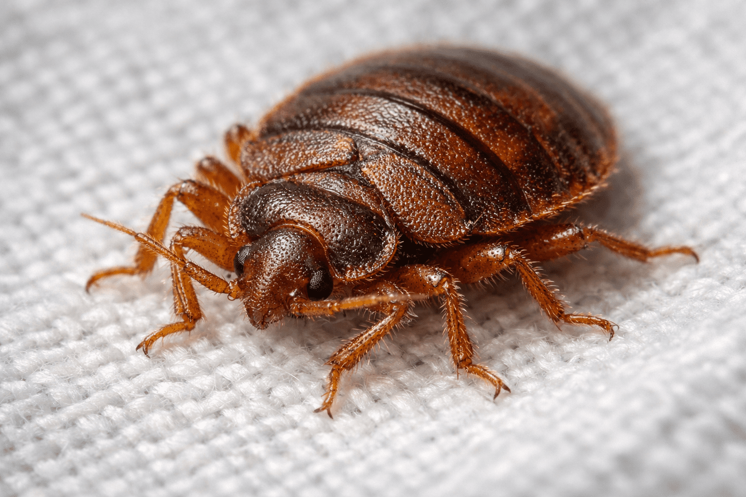 Detailed macro photograph of bed bug on white fabric showing body structure for bed bug detection and identification