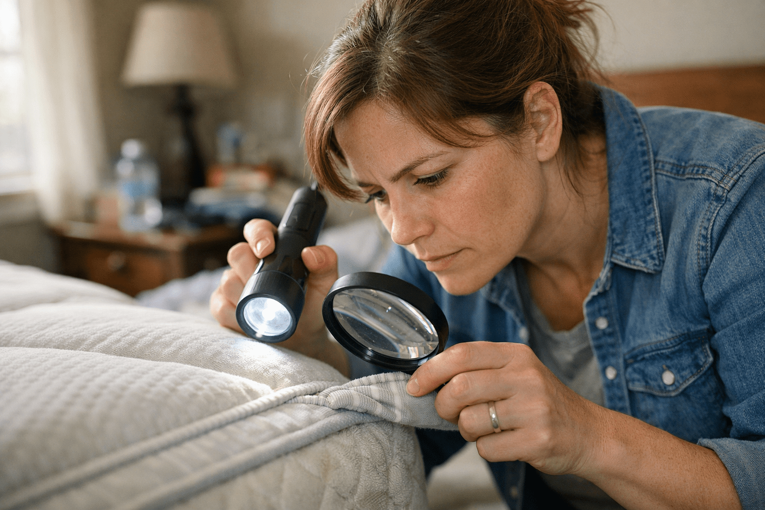 Person performing practical bed bug inspection using flashlight and magnifying glass on mattress seams