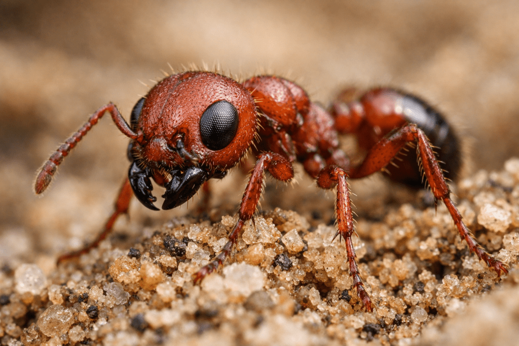 Detailed macro photo of fire ant on soil mound showing ant hill structure and individual ant anatomy