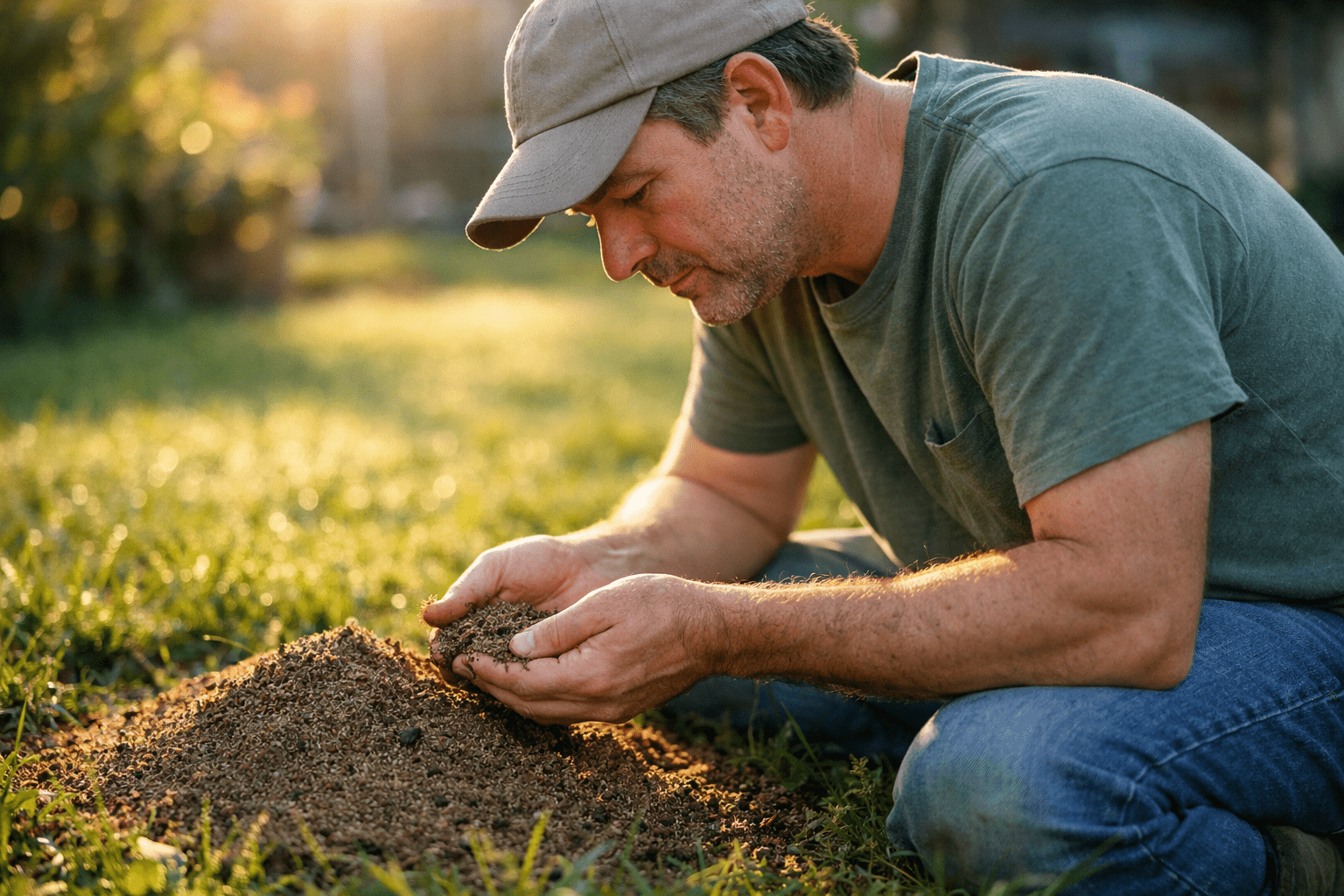Homeowner inspecting ant mound in yard, examining soil to identify ant control solutions