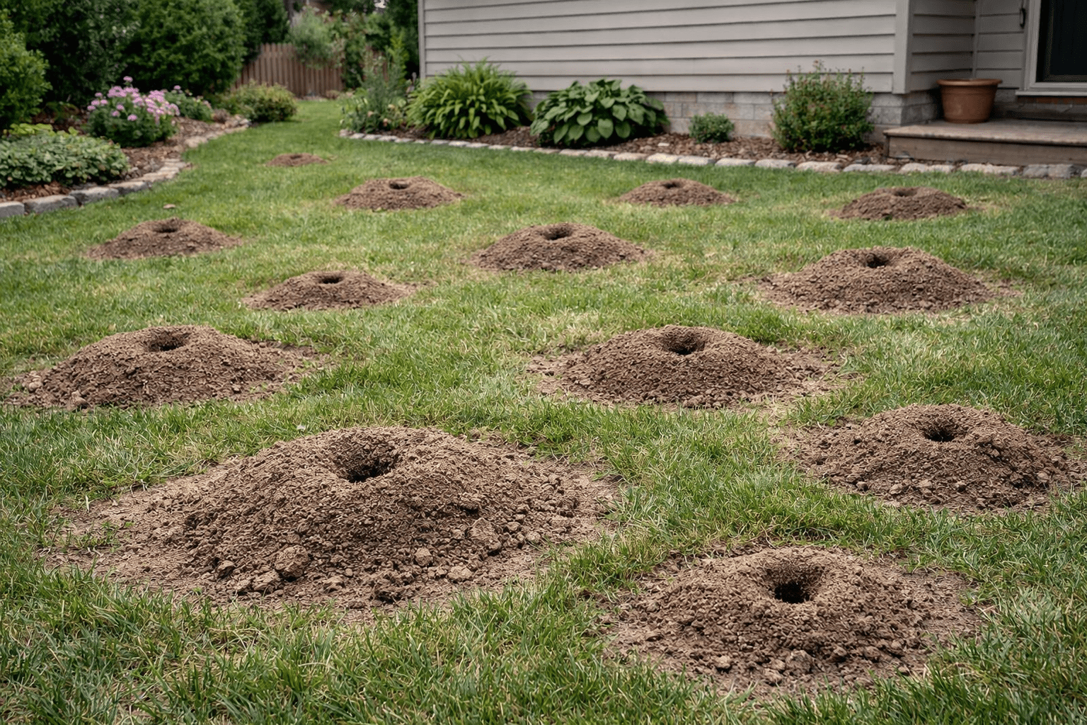 Residential yard with multiple ant mounds visible across lawn, showing ant hill damage in garden landscape