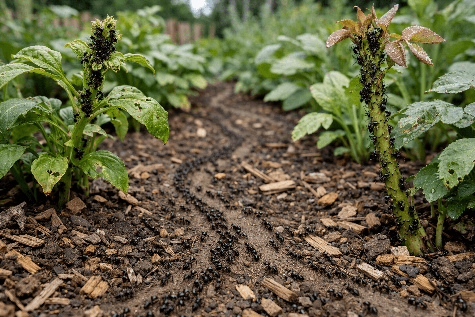 Garden scene with ant trails on soil and aphids on plant stems showing pest damage