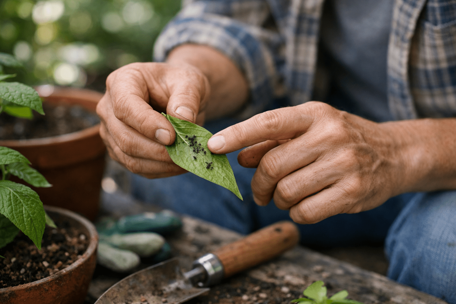 Gardener inspecting plant leaves for ants and natural pest control in home garden