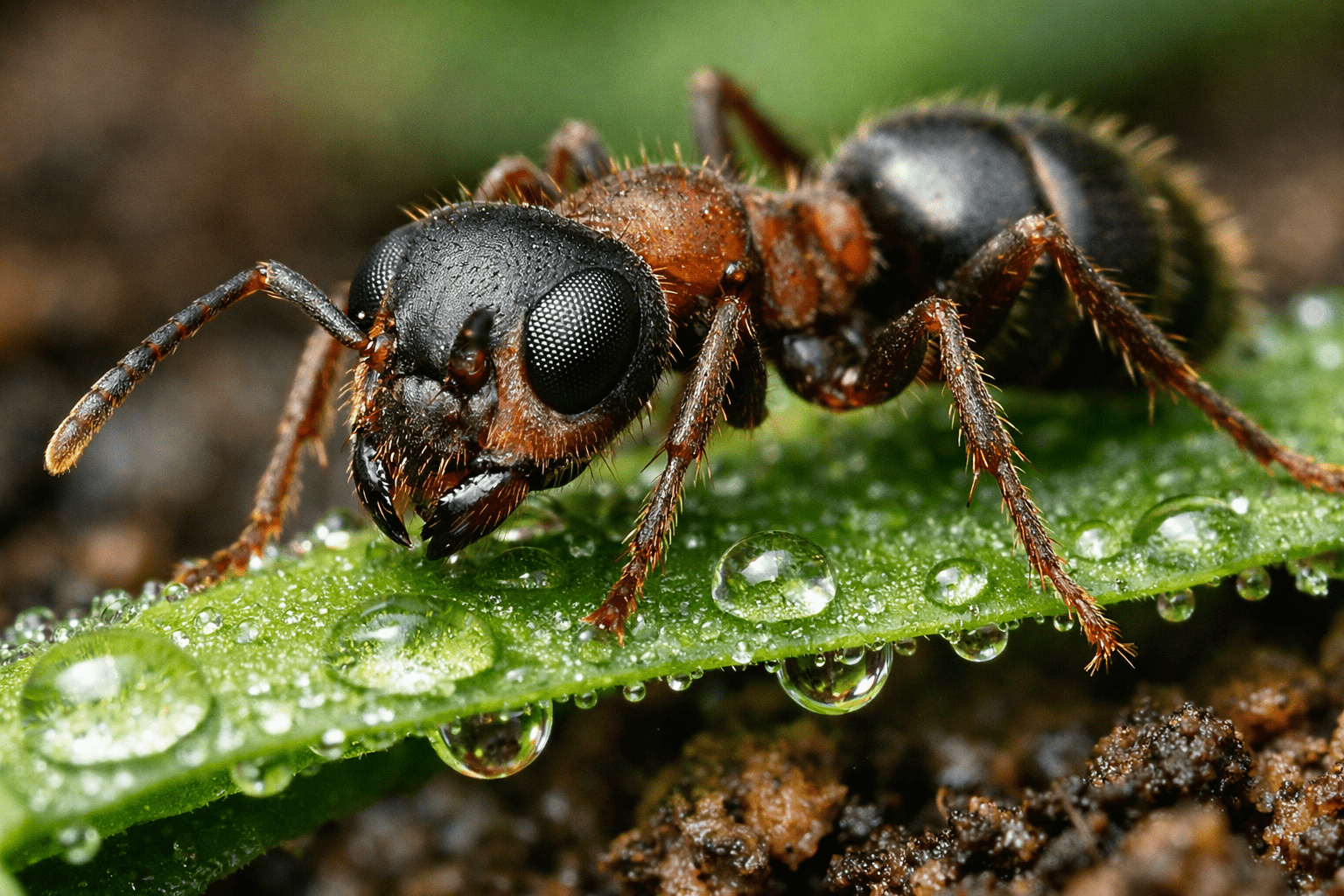 Macro photography of garden ant on leaf showing detailed body structure and antennae