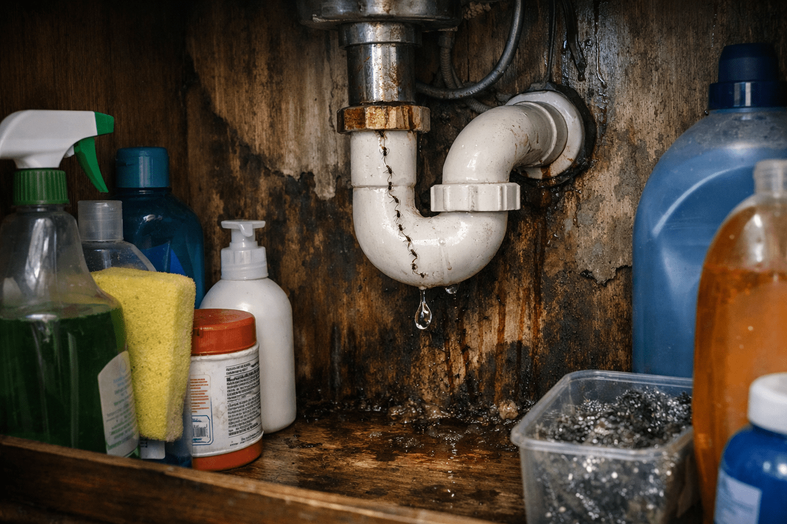 Bathroom sink cabinet interior showing moisture, water damage, and ant infestation signs