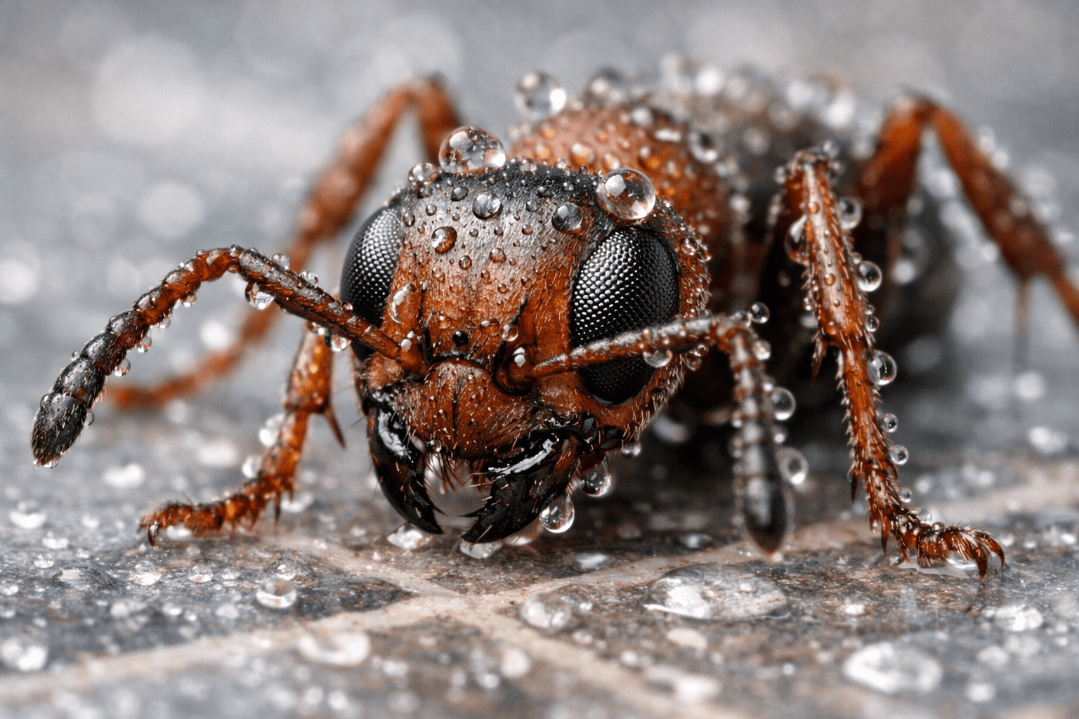 Detailed macro photograph of ant on wet bathroom tile with water droplets and condensation