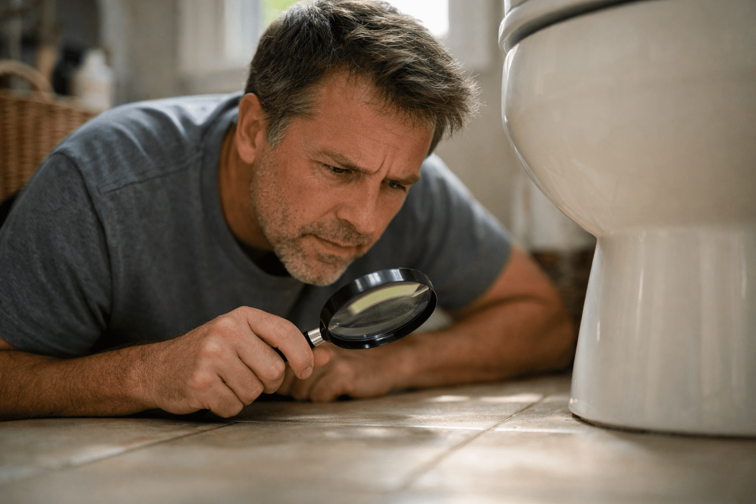 Homeowner inspecting bathroom floor for ants using magnifying glass near toilet