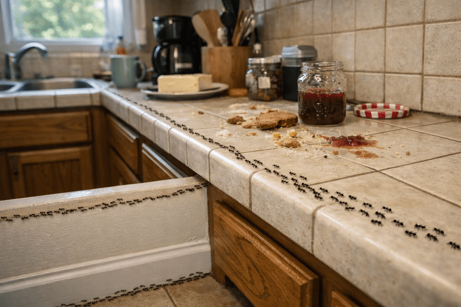 Kitchen countertop with visible ant trail and food sources showing where ants enter homes