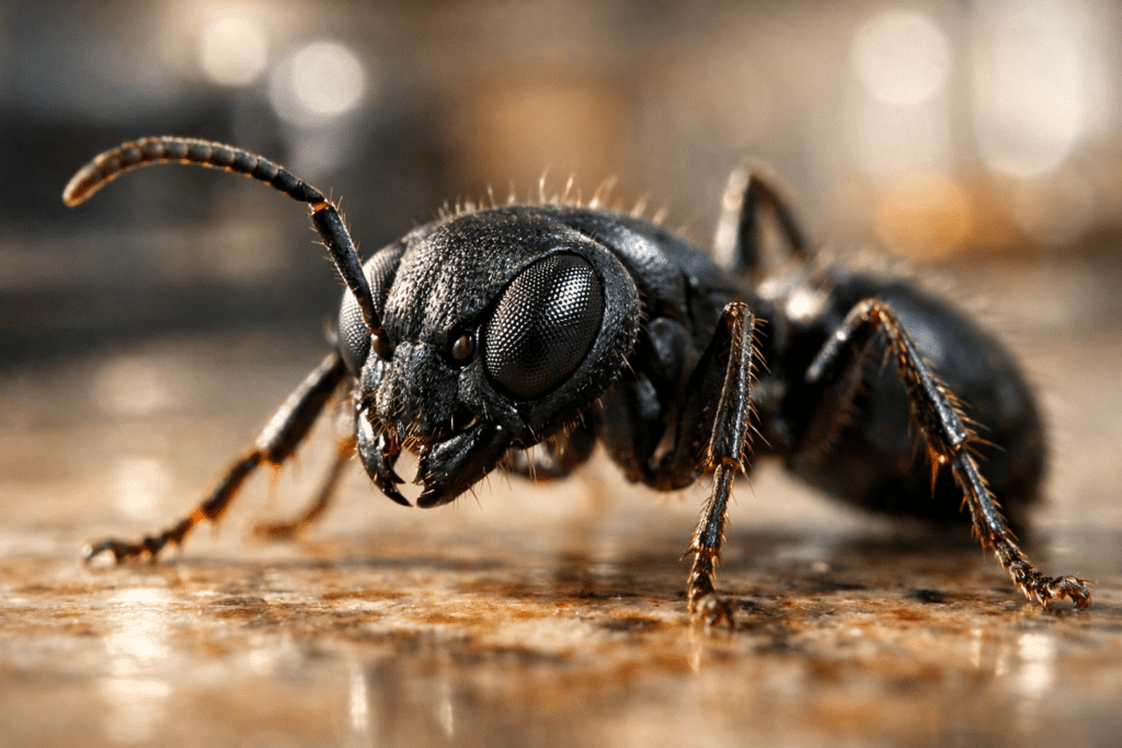 Detailed macro photo of ant on kitchen counter showing how to identify ants in house