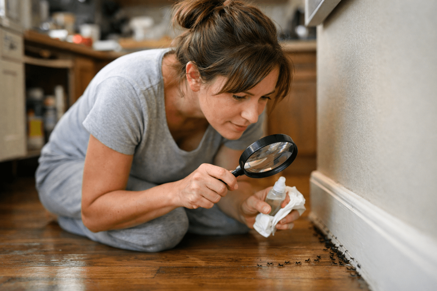 Homeowner inspecting baseboard for ants as part of ant removal and control strategy