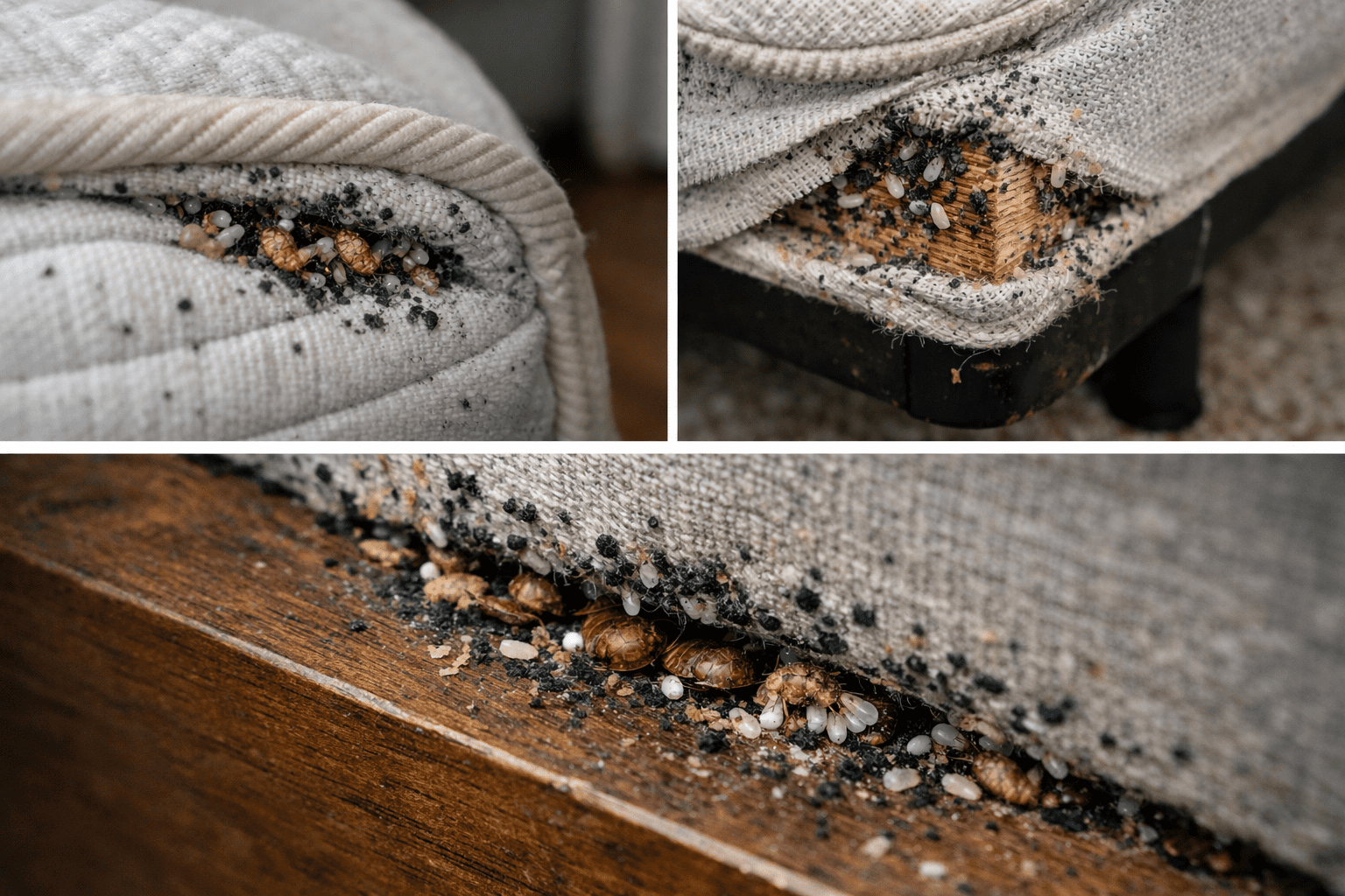 Bedroom mattress seams and headboard showing bed bug hiding spots and infestation signs for detection