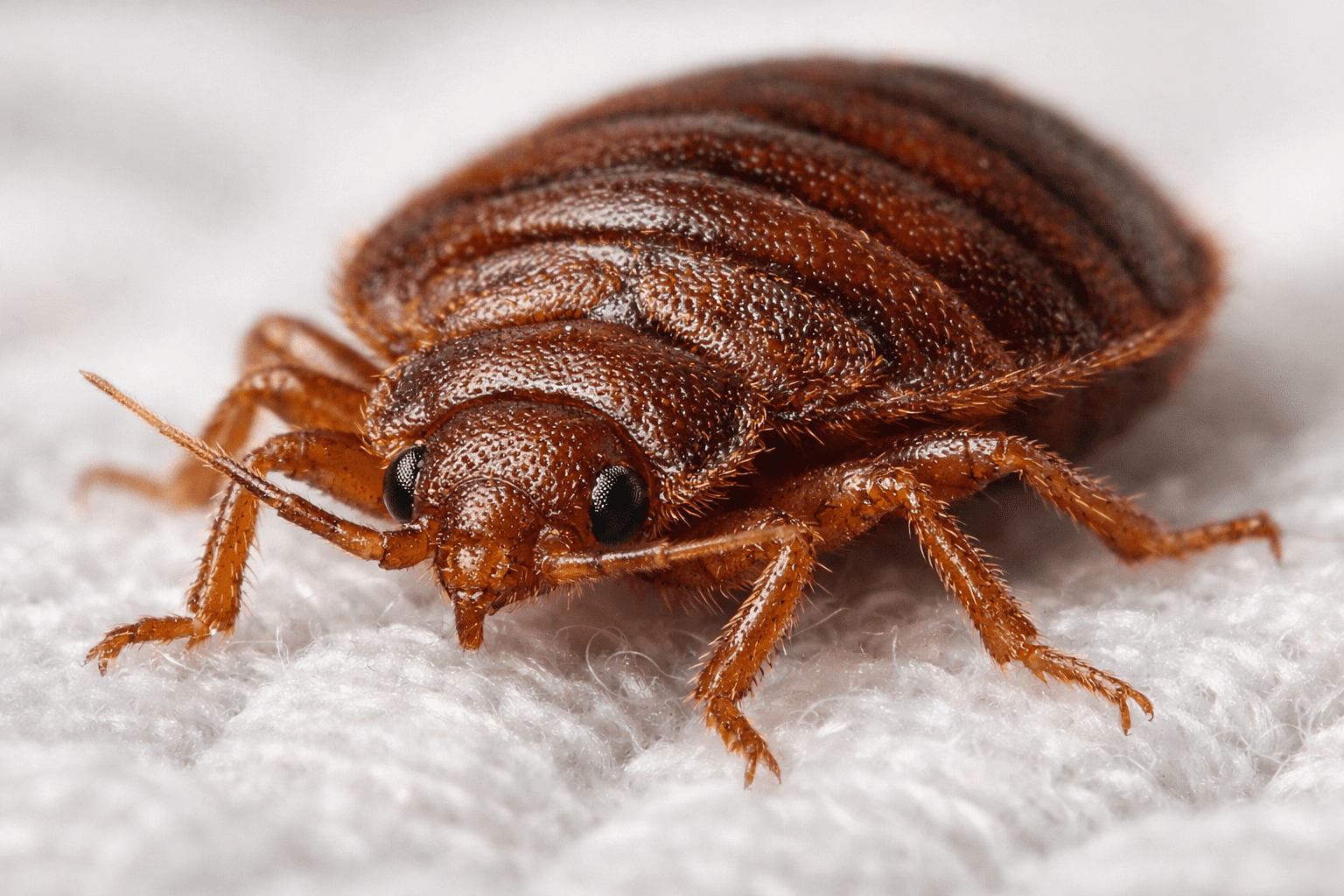 Detailed macro photograph of bed bug on fabric showing anatomy for identification and bed bug removal