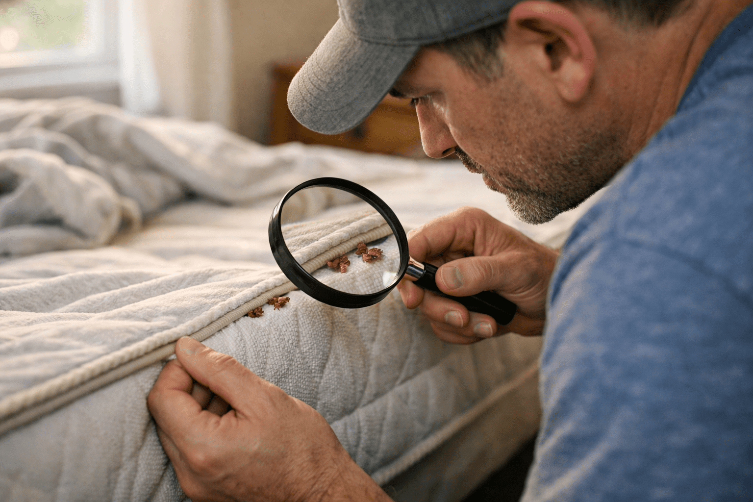 Person using magnifying glass to inspect mattress seams for bed bug detection and elimination
