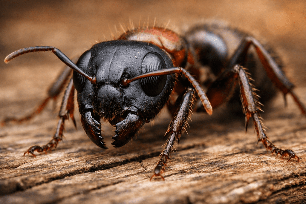 Carpenter ant macro photography showing detailed anatomy on weathered wood surface