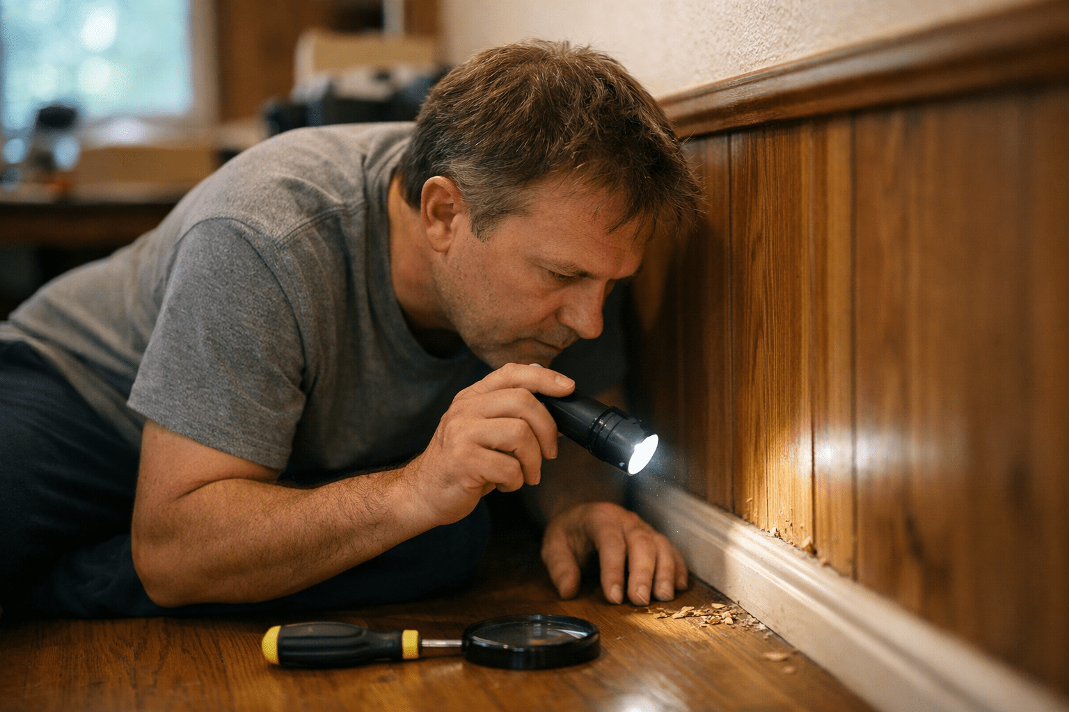 Homeowner inspecting baseboard with flashlight for carpenter ant infestation signs