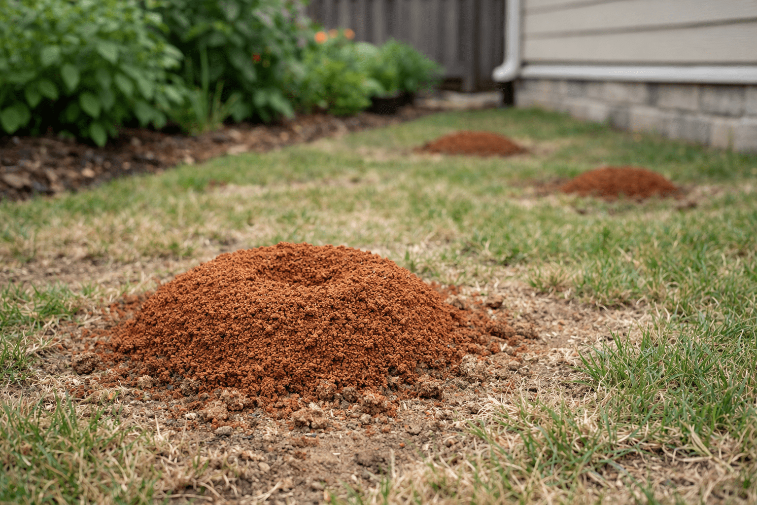 Fire ant mound in residential yard surrounded by grass and garden plants for pest control context