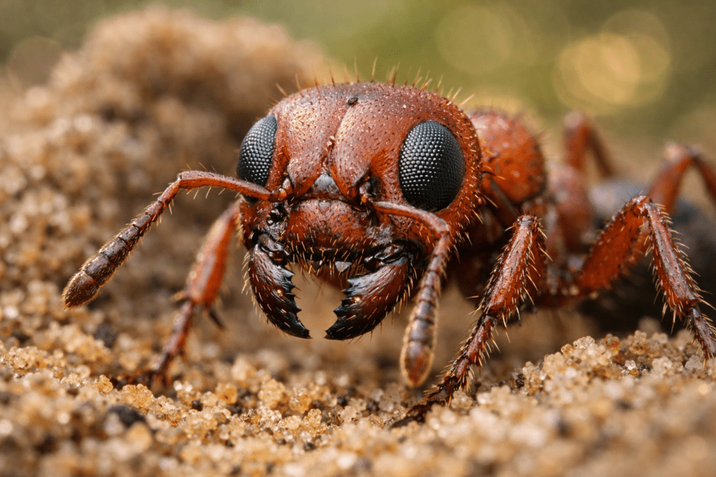 Detailed macro photo of fire ant on soil showing compound eyes and mandibles for yard pest control identification