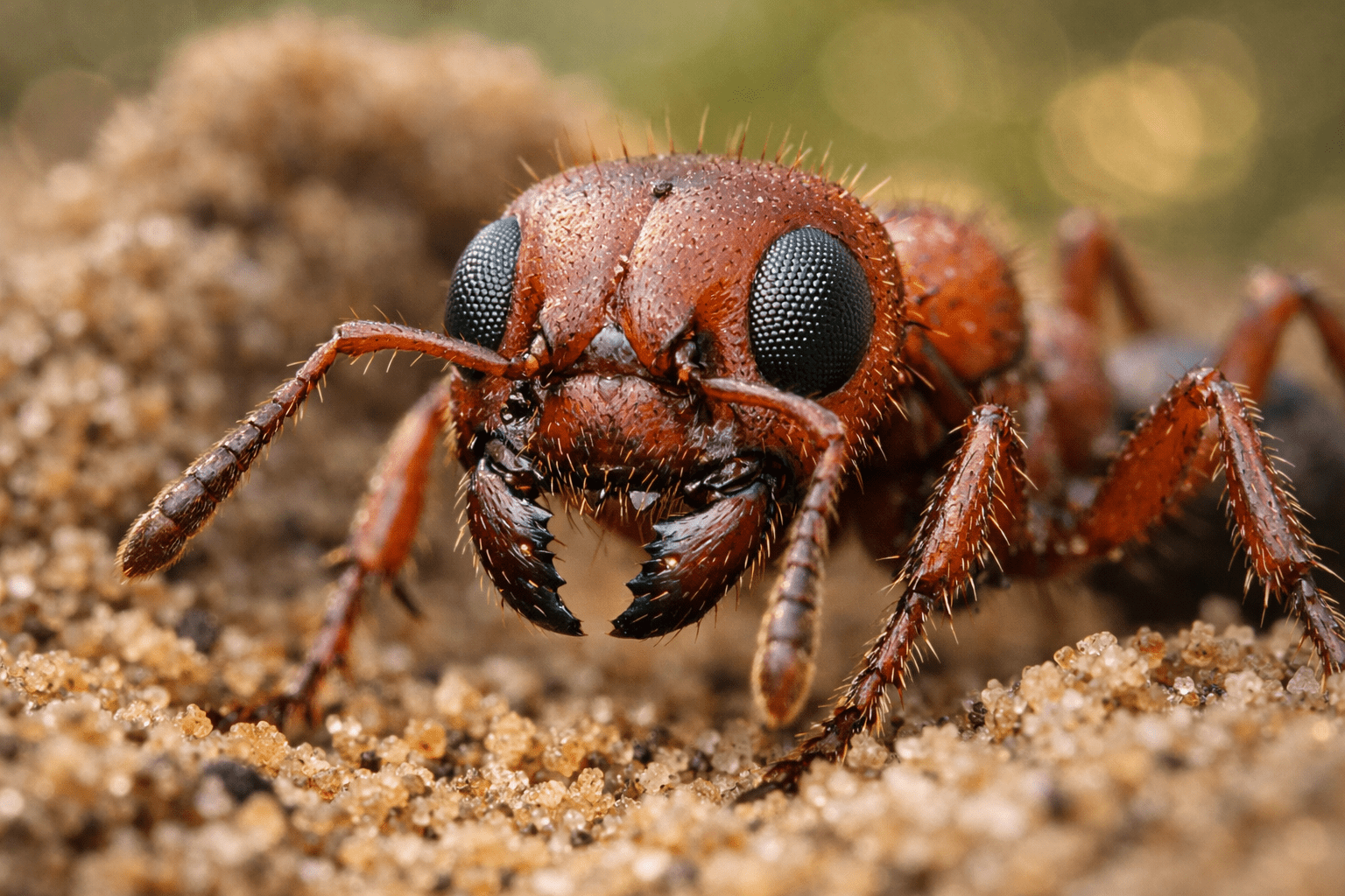 Detailed macro photo of fire ant on soil showing compound eyes and mandibles for yard pest control identification