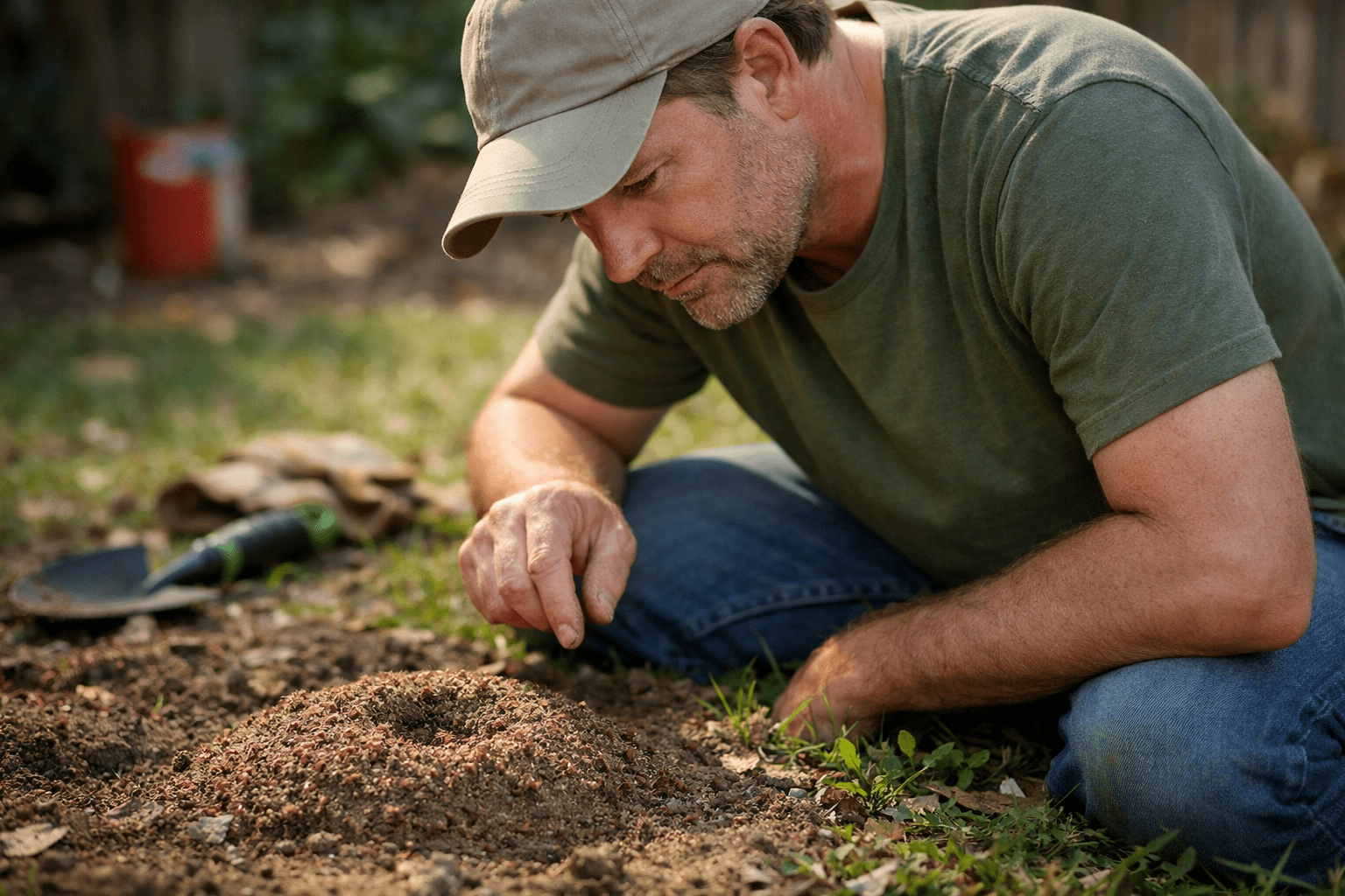 Homeowner inspecting fire ant mound in yard for pest control assessment and treatment planning