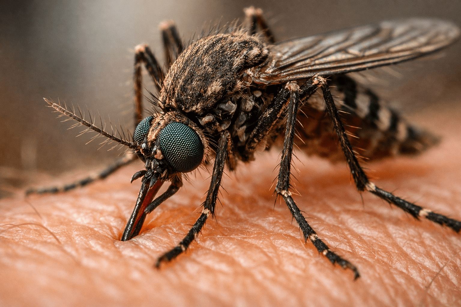 Detailed macro photo of mosquito on skin showing compound eyes and proboscis for indoor mosquito identification