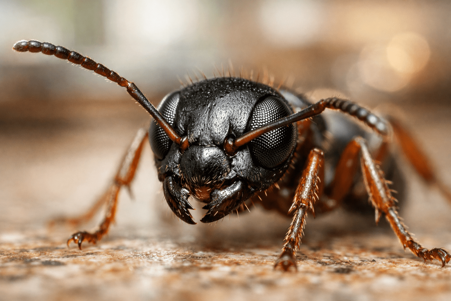 Close-up macro photo of sugar ant on kitchen counter showing detailed antennae and compound eyes