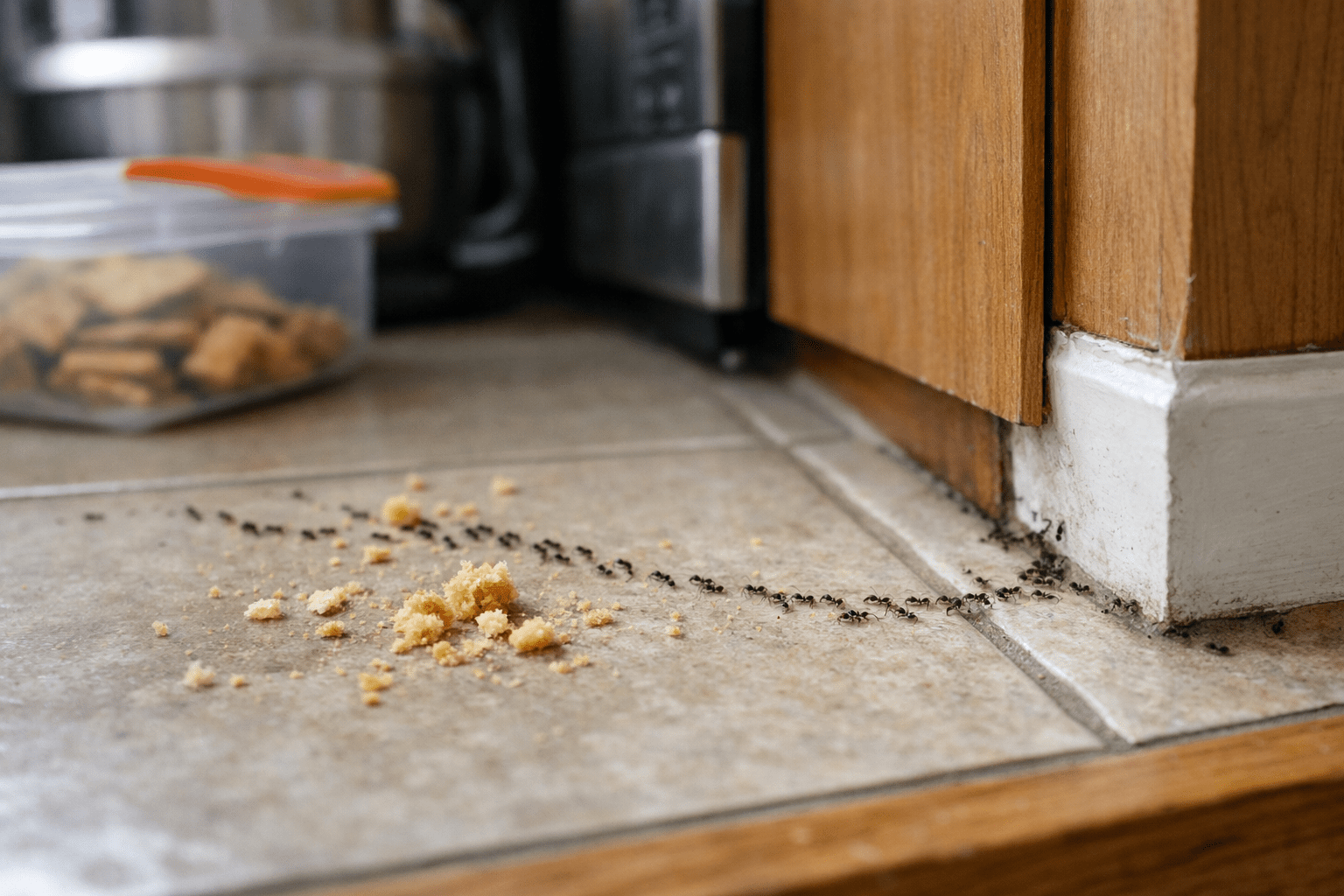 Kitchen counter with visible sugar ant trail near baseboards and food crumbs in natural light