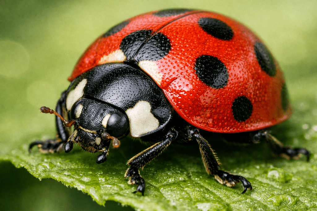 Red ladybug with seven black spots on green leaf, macro photography showing detailed identification features