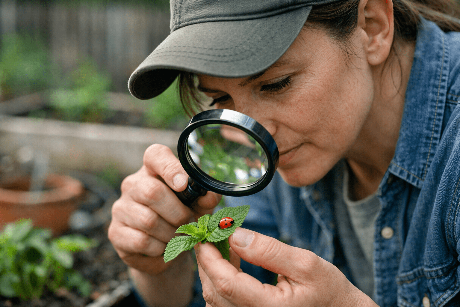 Person using magnifying glass to identify ladybug on plant leaf in garden for species recognition