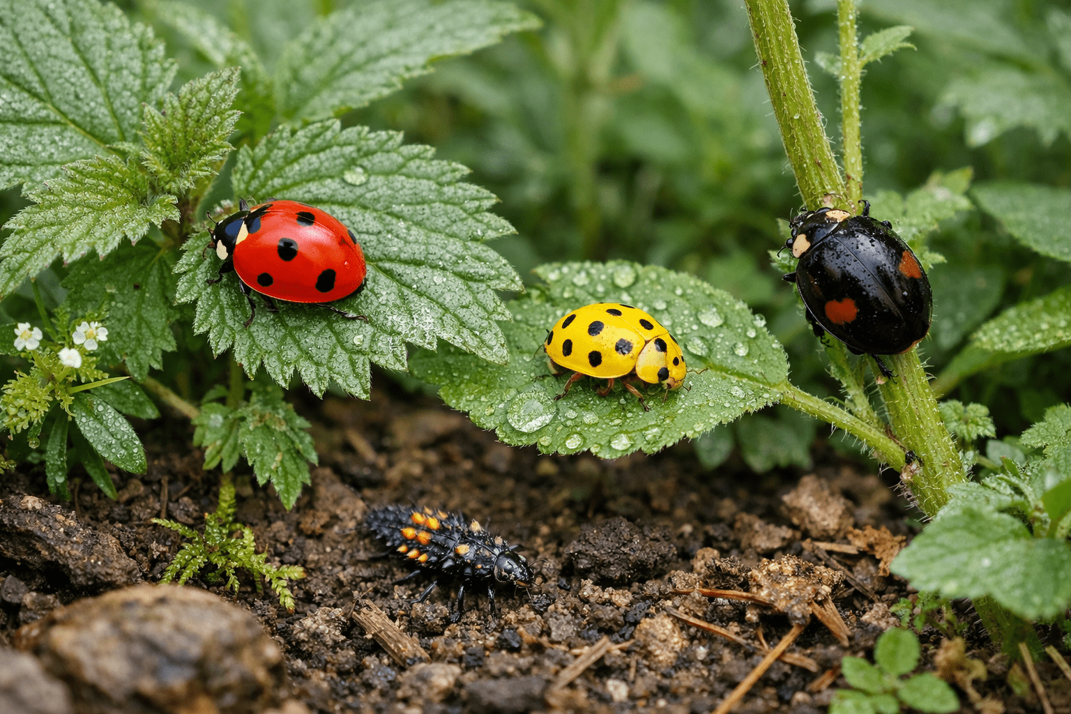 Multiple ladybug types and look-alike beetles on garden plants showing color and spot pattern variations