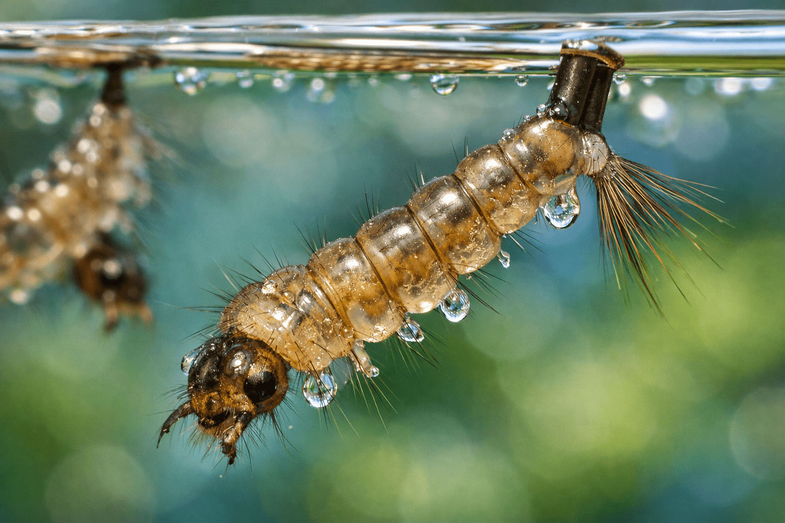 Mosquito larvae in standing water showing detailed segmented body and breathing siphon