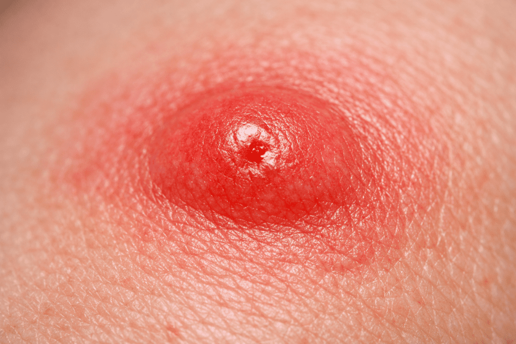 Macro close-up of swollen mosquito bite allergy showing red inflamed welt on skin