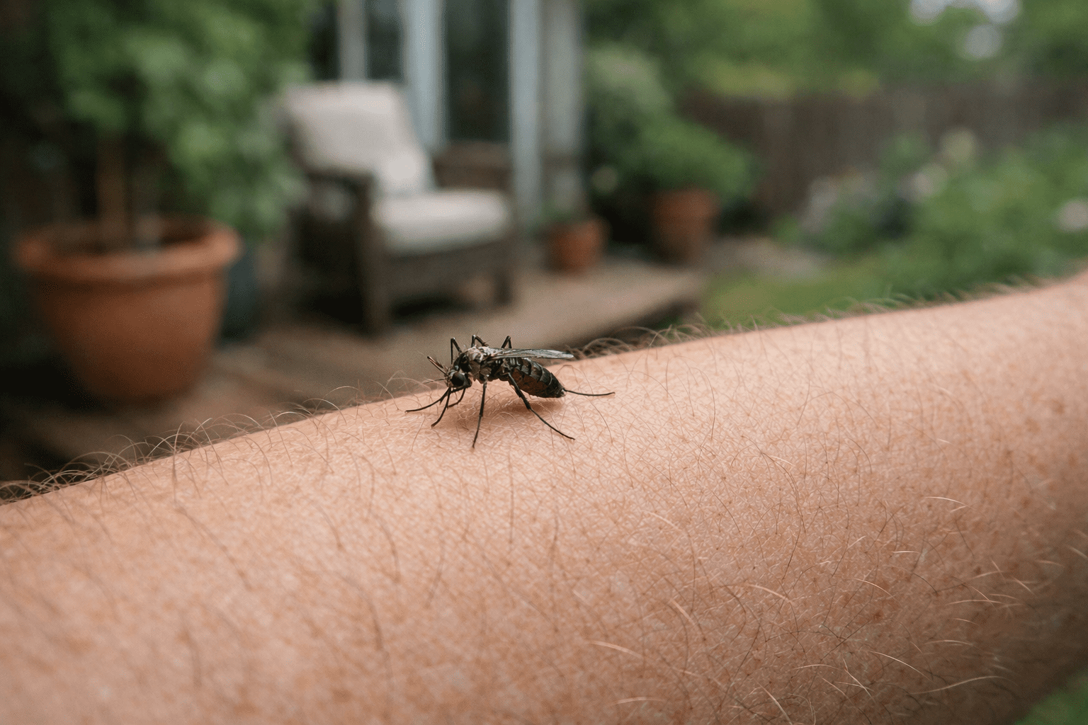 Mosquito landed on human arm outdoors showing where bites occur and allergic reactions start