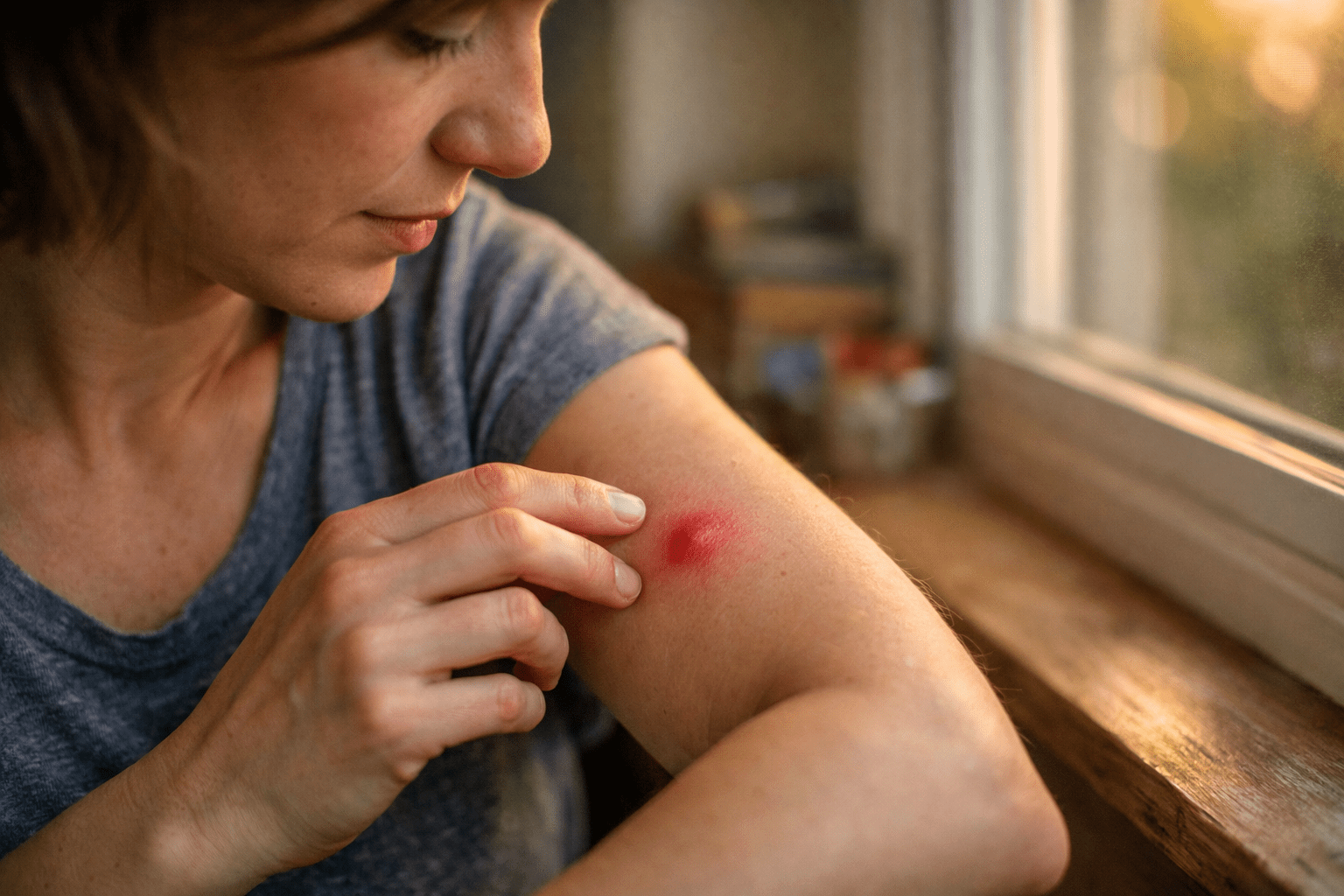 Person inspecting mosquito bite allergy on arm to assess when to see doctor for reaction
