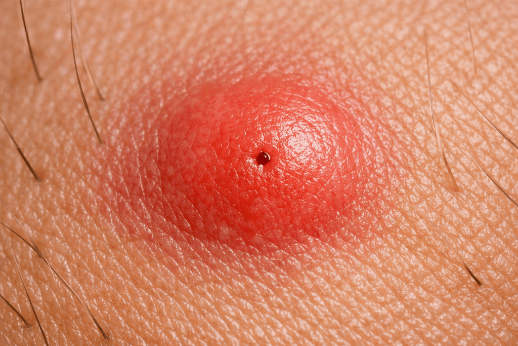 Close-up macro photo of mosquito bite on skin showing red swelling and inflammation detail
