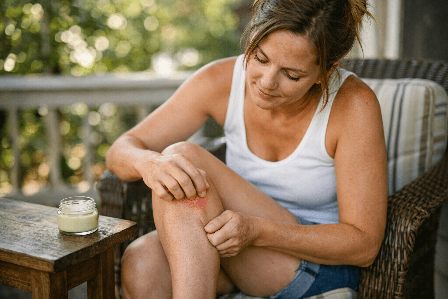 Woman examining mosquito bite on leg while sitting outdoors with natural remedy cream nearby