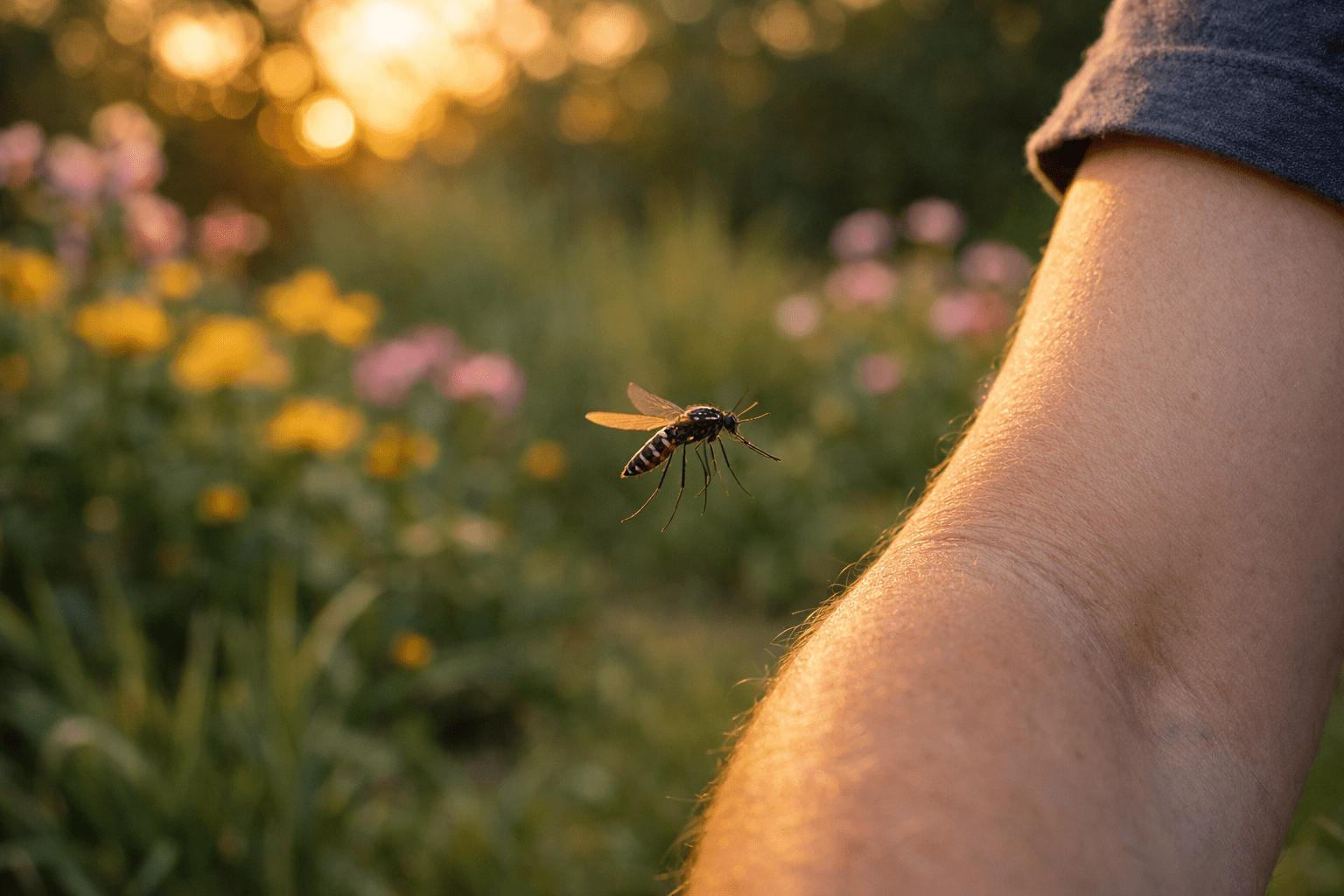 Mosquito flying near human arm in garden during evening with flowers and grass background