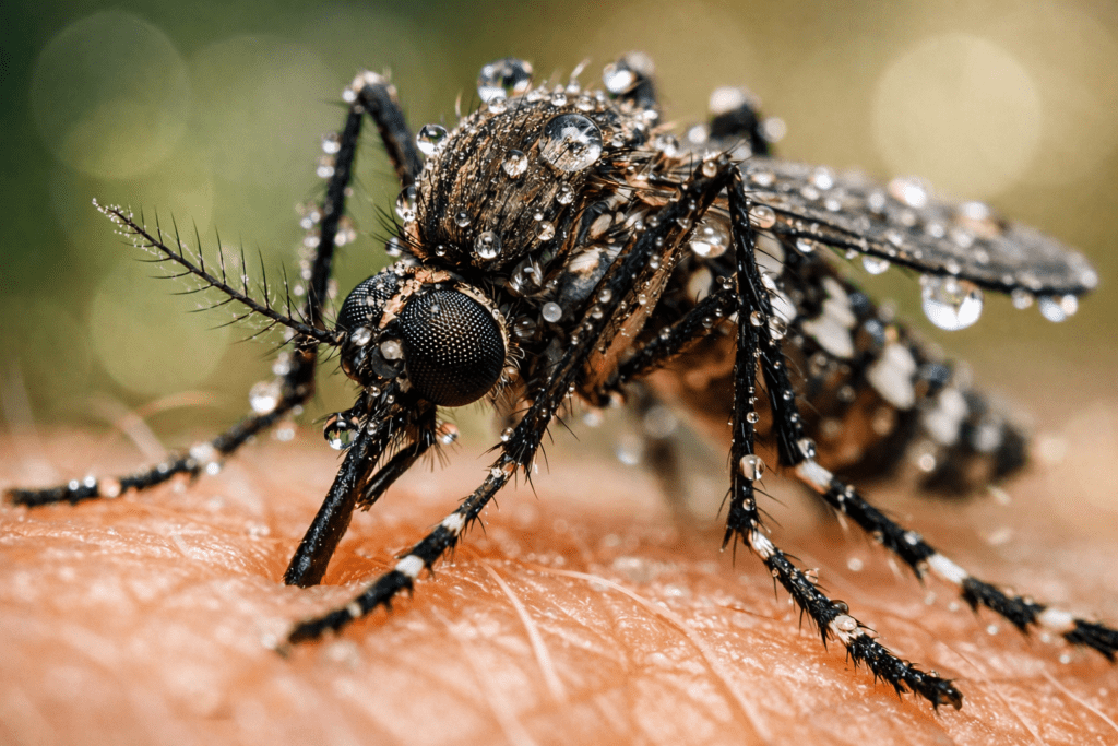 Close-up macro photo of mosquito on skin showing proboscis and compound eyes for mosquito prevention education