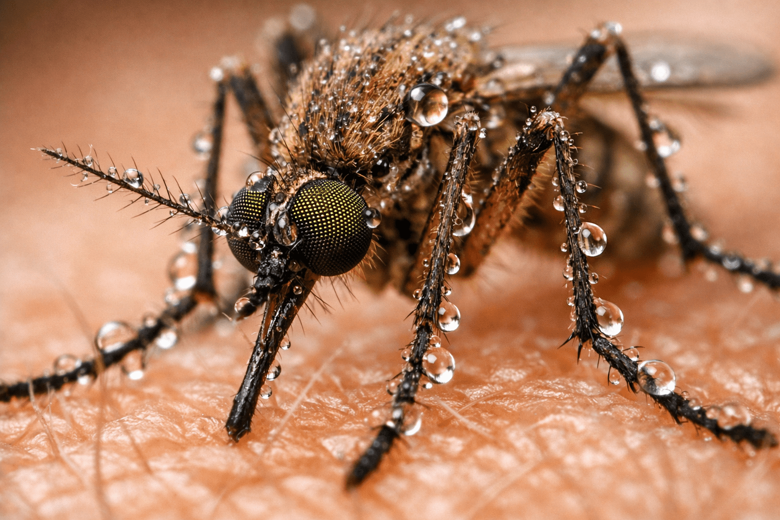Detailed macro photograph of mosquito on skin showing proboscis and compound eyes