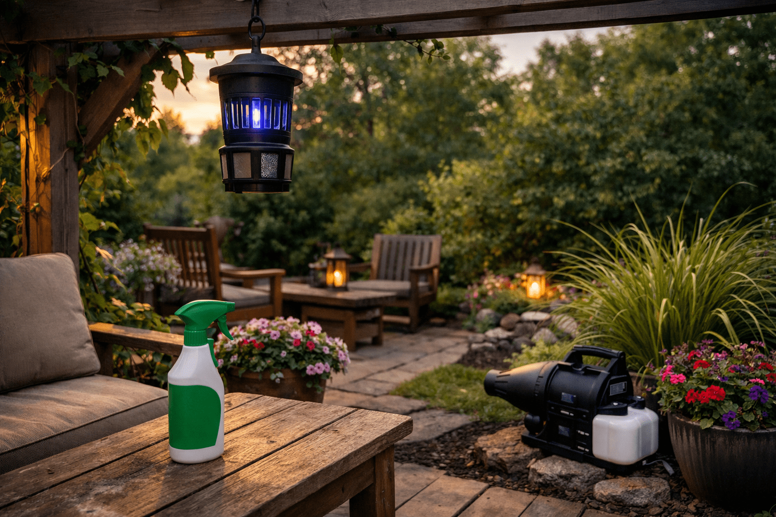 Backyard patio with mosquito control methods including trap, spray, and fogger equipment