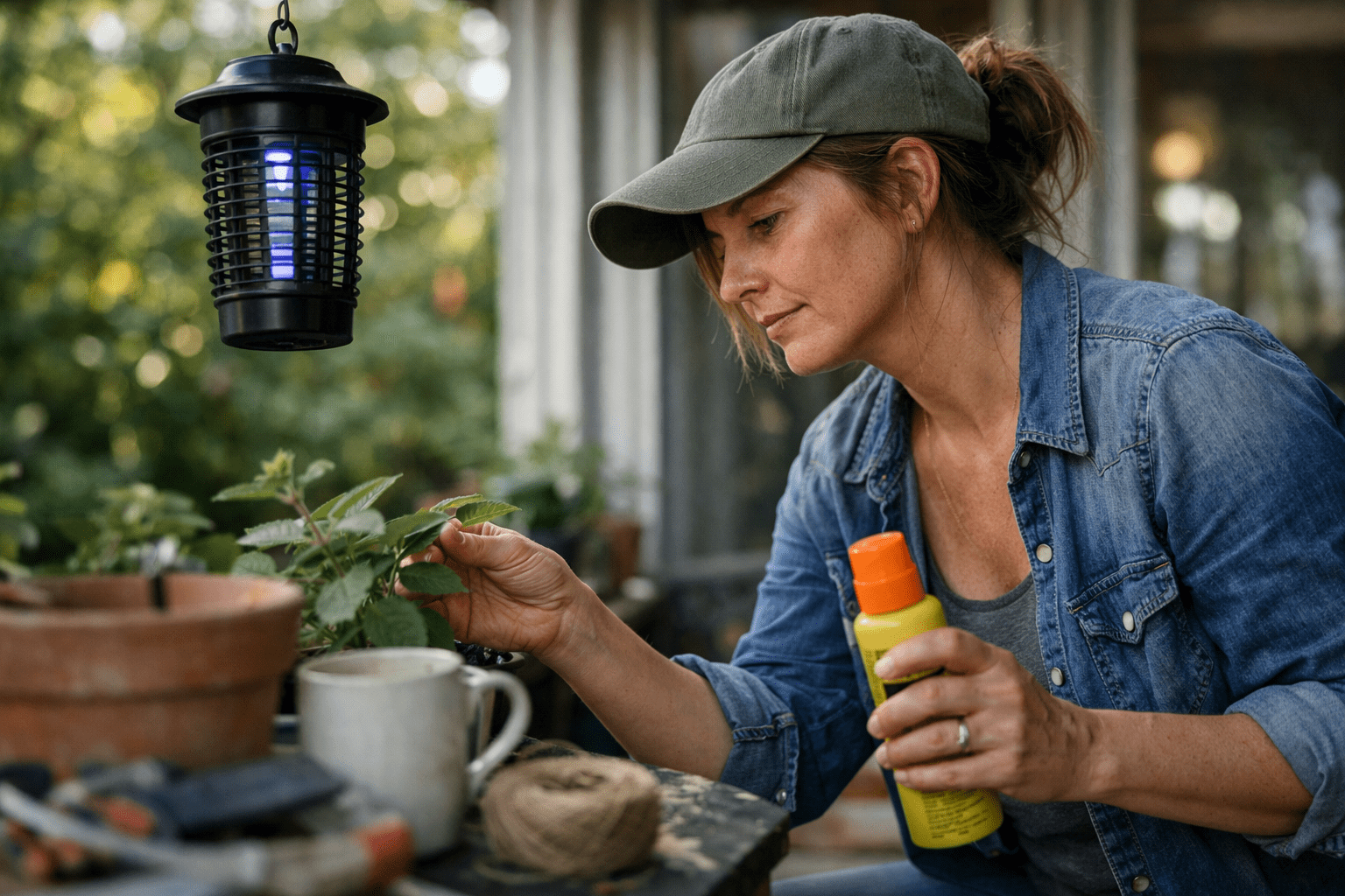 Woman spraying mosquito control solution while inspecting patio plants for mosquitoes