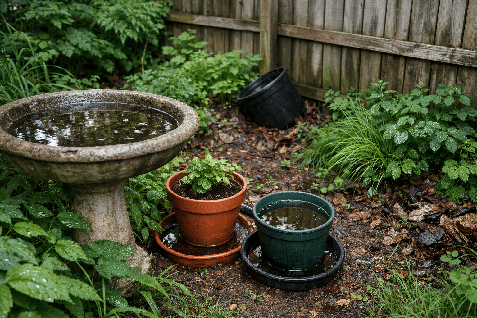 Backyard garden with standing water in containers and shaded areas where mosquitoes breed