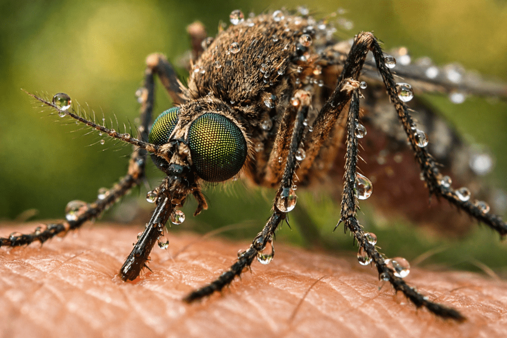 Detailed macro photo of mosquito on skin showing proboscis and compound eyes for mosquito control guide