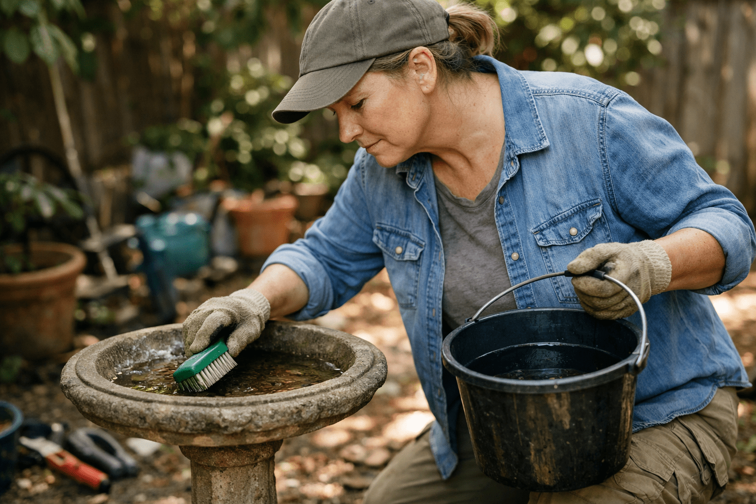 Person cleaning birdbath to prevent mosquito breeding in backyard pest control routine