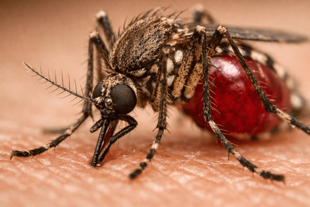Detailed macro photo of mosquito on skin showing proboscis and compound eyes during mosquito season