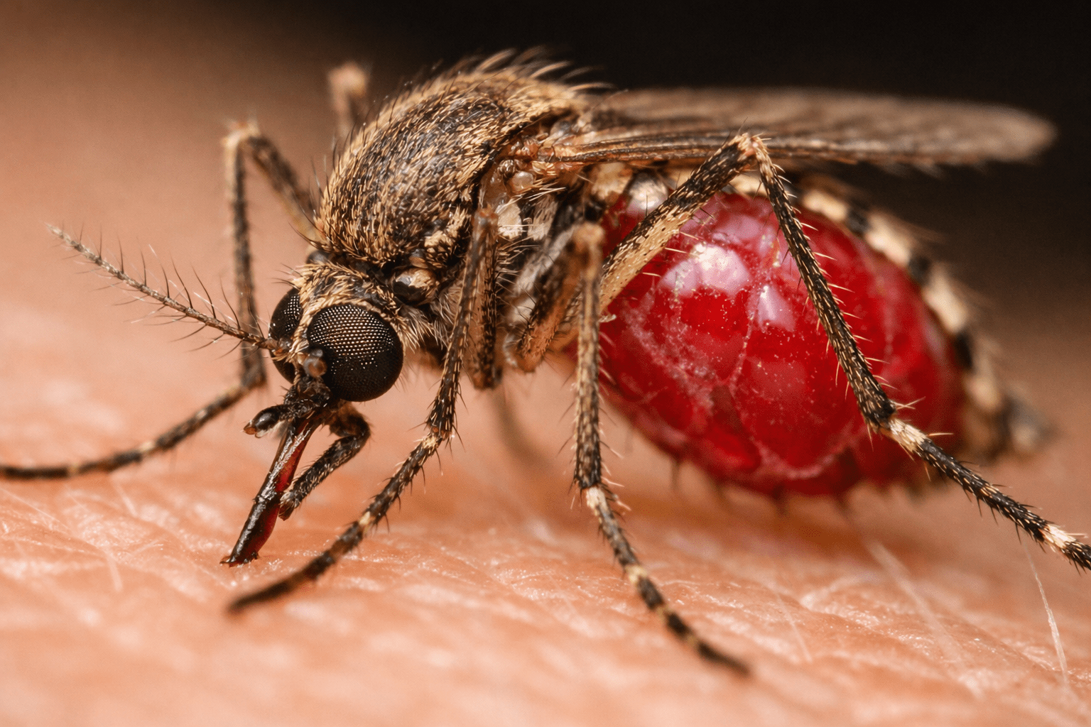 Detailed macro shot of mosquito on skin showing proboscis and compound eyes during mosquito season
