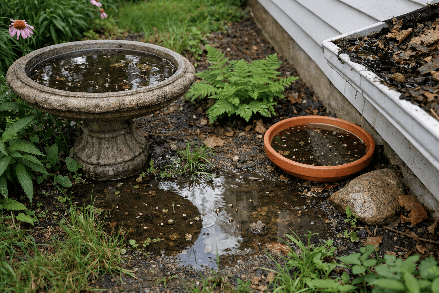 Standing water in yard showing mosquito breeding habitat during peak mosquito season months