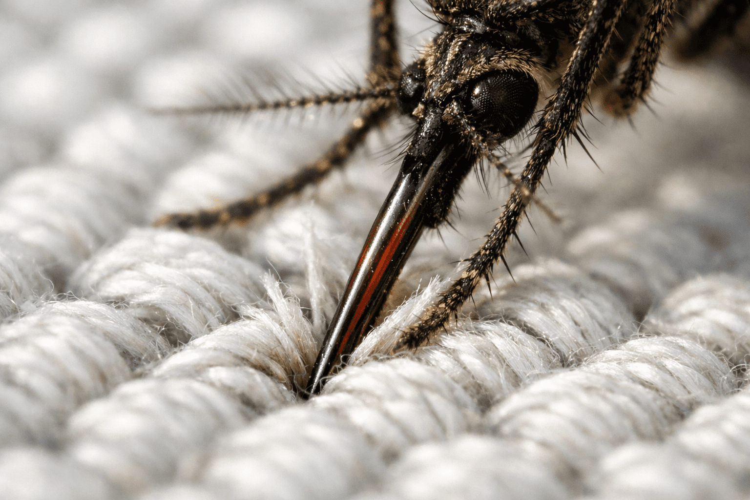 Mosquito proboscis piercing through cotton fabric in extreme macro detail